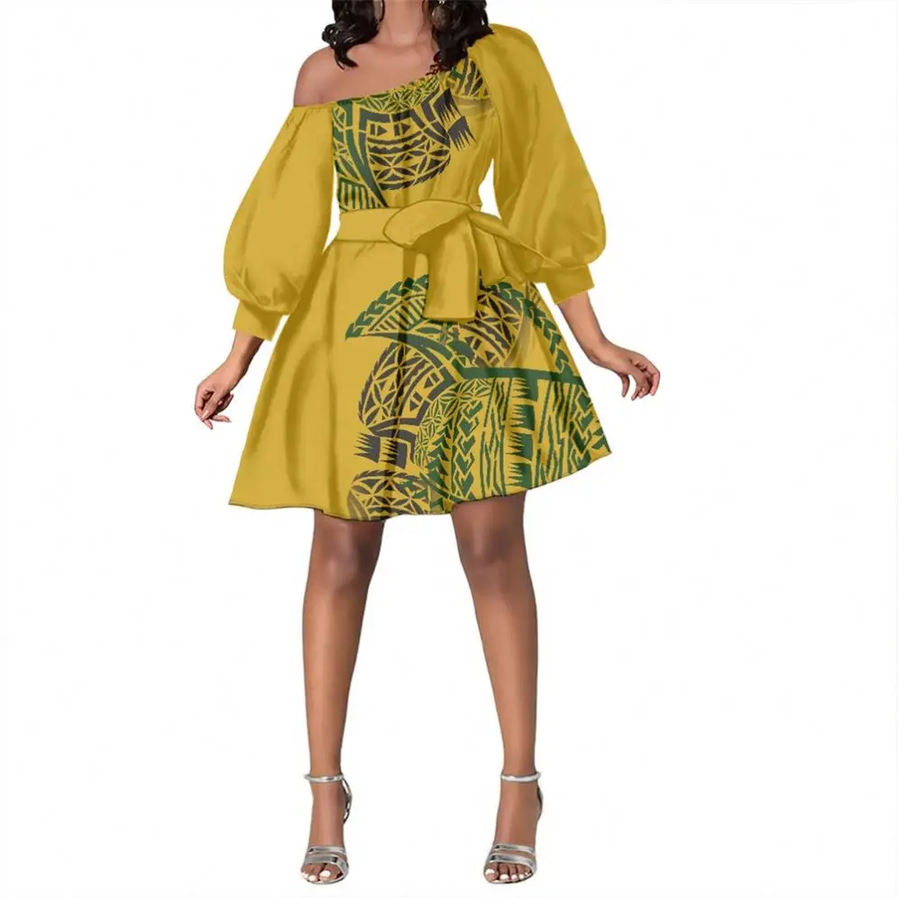 One Shoulder Dress Polynesian Tribal Tapa Floral Pattern Chiffon Dress Samoan Design Long Sleeve Party Club Dress Skirt Custom