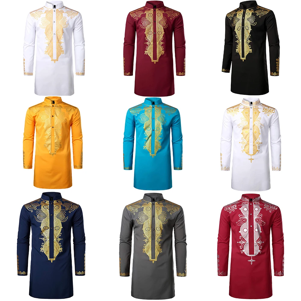 Мужская африканская традиционная Дашики Роскошная золотая рубашка с принтом средней длины для свадьбы Дашики для мужчин