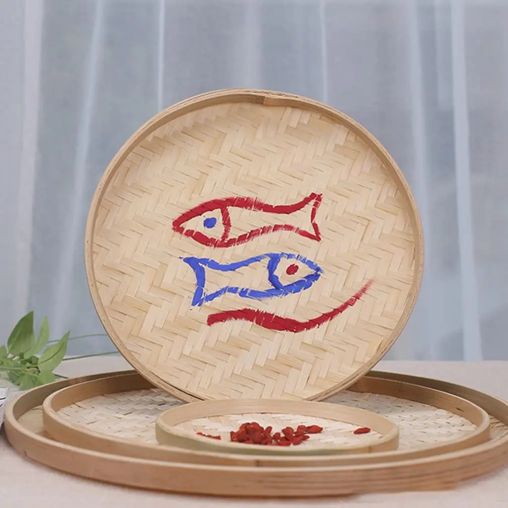 4pcs Woven Bamboo Tray Basket Round Flat Shallow Basket Wall Art Ornament for DIY Drying Food Fruit Basket Kitchen Wall Hanging