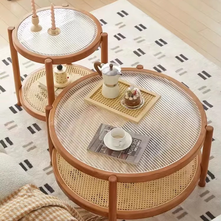 Round shape Sofa side rattan woven tea table glass side table bamboo table for living room