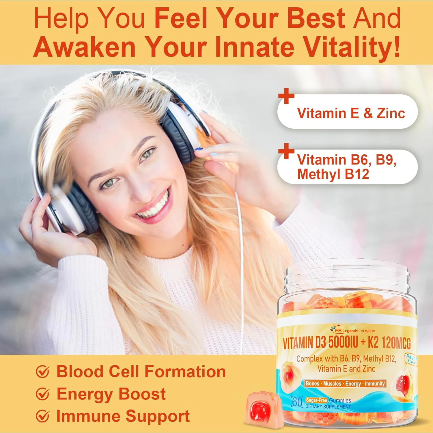 Private Label Supplements Supports Bone Muscle Liquid Gummy Candy Tooth Strength Halal Vitamin D3 + K2 Gummies