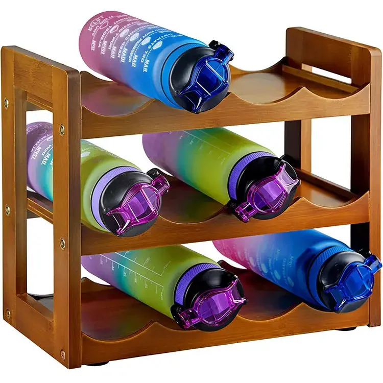 3-Tier Stackable Wine Rack Bamboo Water Bottle and Wine Display Rack Freestanding Water Bottle Holder Water Cup.