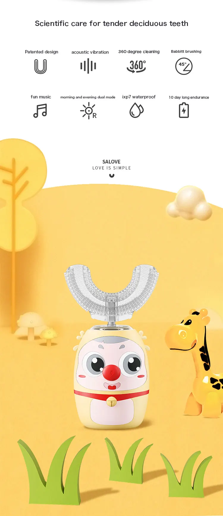 Cute mini U Shape 360 degree wapiti cartoon Toothbrush for Kids Ultrasonic U brush Gum Massage Tooth Care