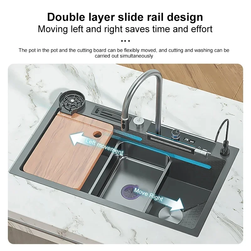 Smart Kitchen Sink Waterfall Faucet Large Dishwasher Digital Display Multifunction Stainless Steel Sink Single Bowl Washbasin