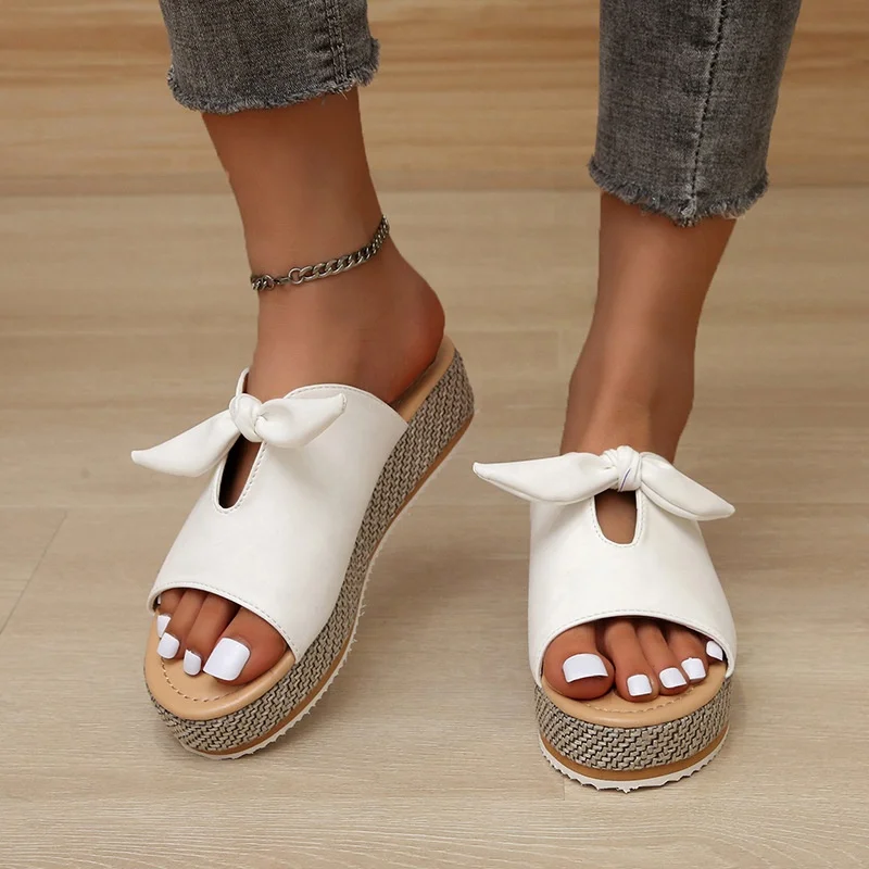 XLL 2022  Summer fashion 4cm wedges slippers platform high heel bow sandals fish mouth shoes flat slippers for women