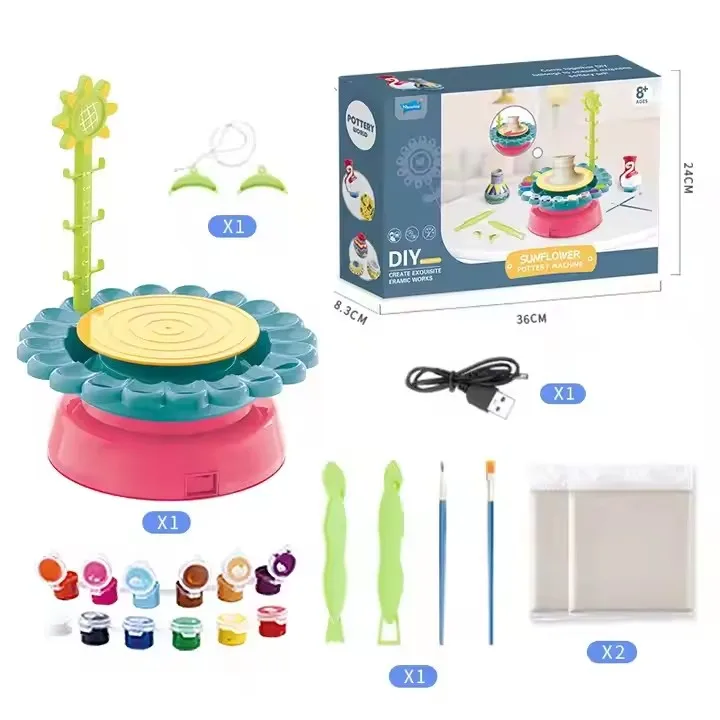 Custom Popular Art And Craft Activity Kit Kid Clay Pottery Wheel Making Painting Toy Diy Sunflower Educational Toys For Children