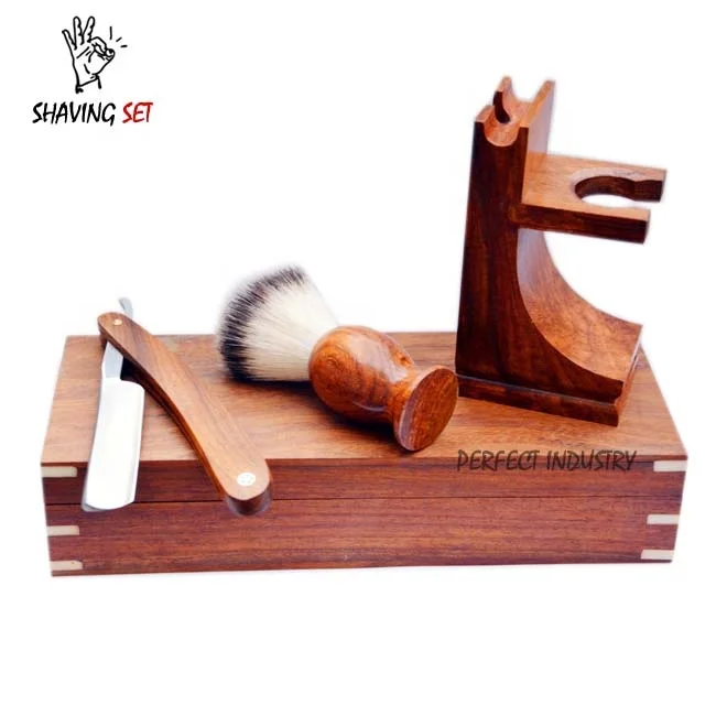 Luxury Wooden Men Grooming 3pc Gift Box set Shaving Razor Shaving Brush & Wooden Box set custom logo and packing