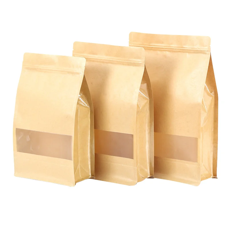 Good Price White Brown Thank You Logo Portable Kraft Paper Greaseproof Flat Bottom Bag with Clear Window and Zipper