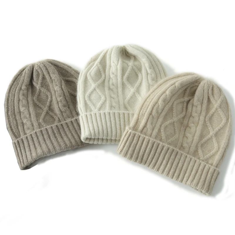 Wholesale Customize Logo Cable Knitted Beanie Hat Women 100% Cashmere Hat