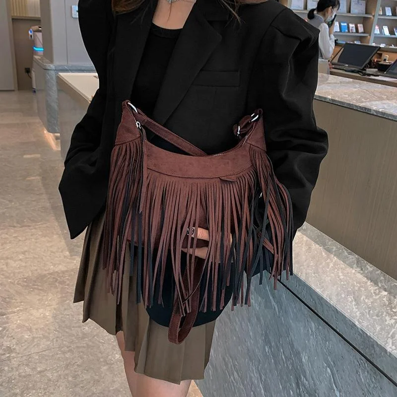WB67 2024 trendy Bohemian Vintage Women Tassel Hobo Shoulder Bag Purses Trendy Suede Leather Fringed Crossbody Bags