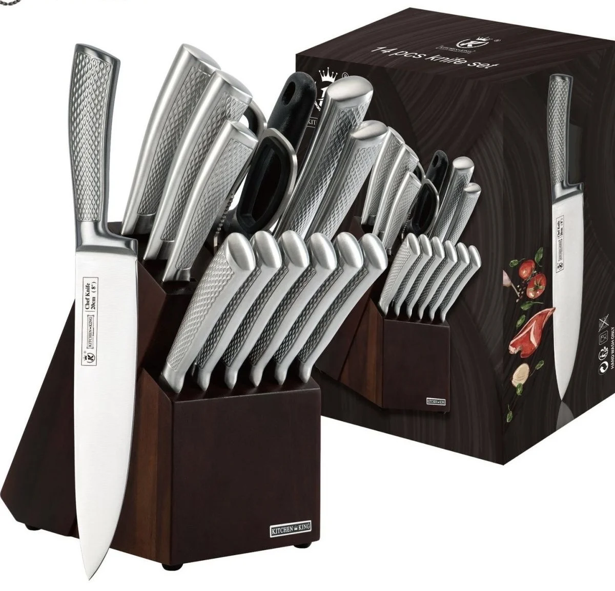3Cr13 High Carbon Stainless Steel 14 Pieces Kitchen Knife Set With Wooden Block Hollow Handle Chef Knife With Knife Sharpener
