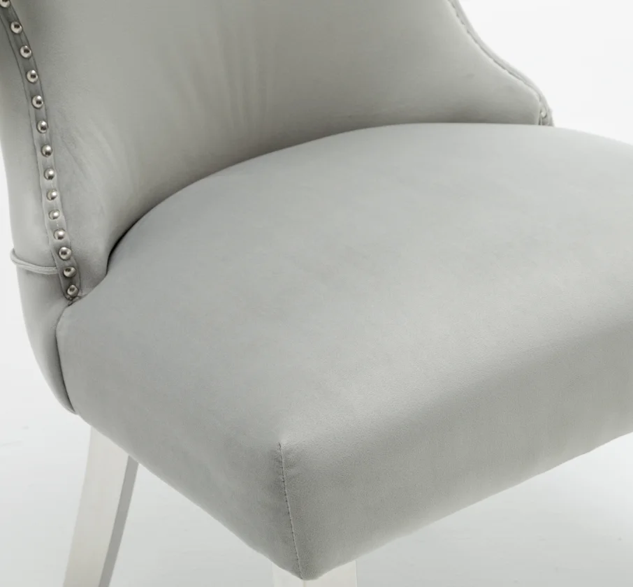 Knightsbridge Back Buttoned Brushed Velvet light Grey Dining Chair with Polished Stainless Steel Legs