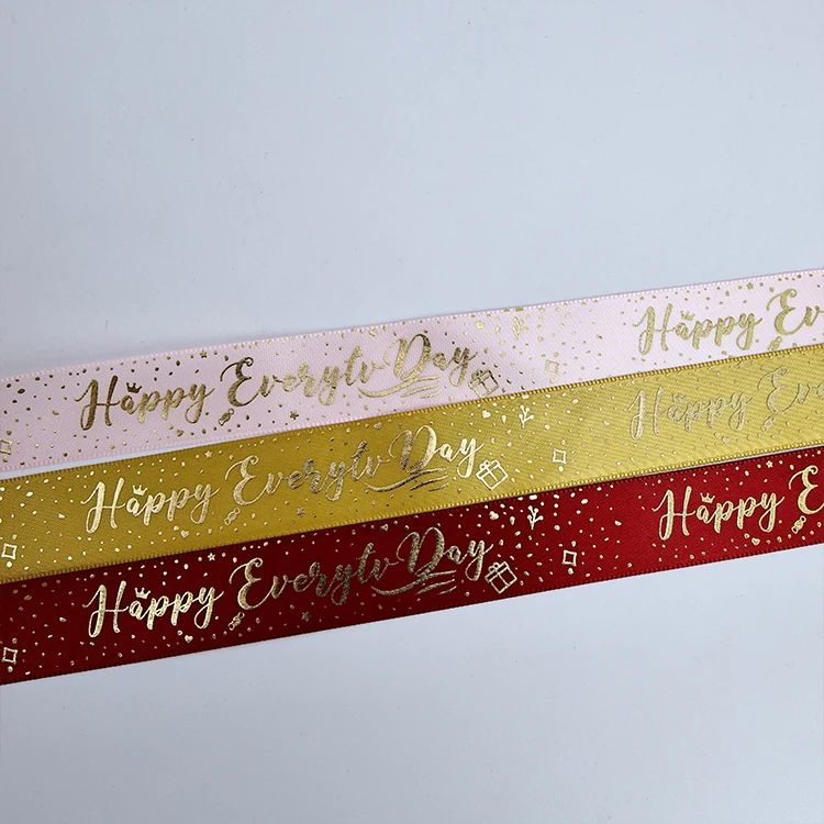 High Quality Pink Satin Ribbon Gold Silver Foiled Hot Stamped Logo Woven Polyester Fabric Gift Bag Packaging Printed Product