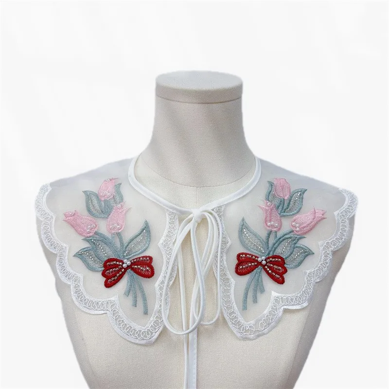 Cross Border Detachable Collar Women New Floral Embroidery Sweet Tie Bow Shawl Collar for Women Lace Collar