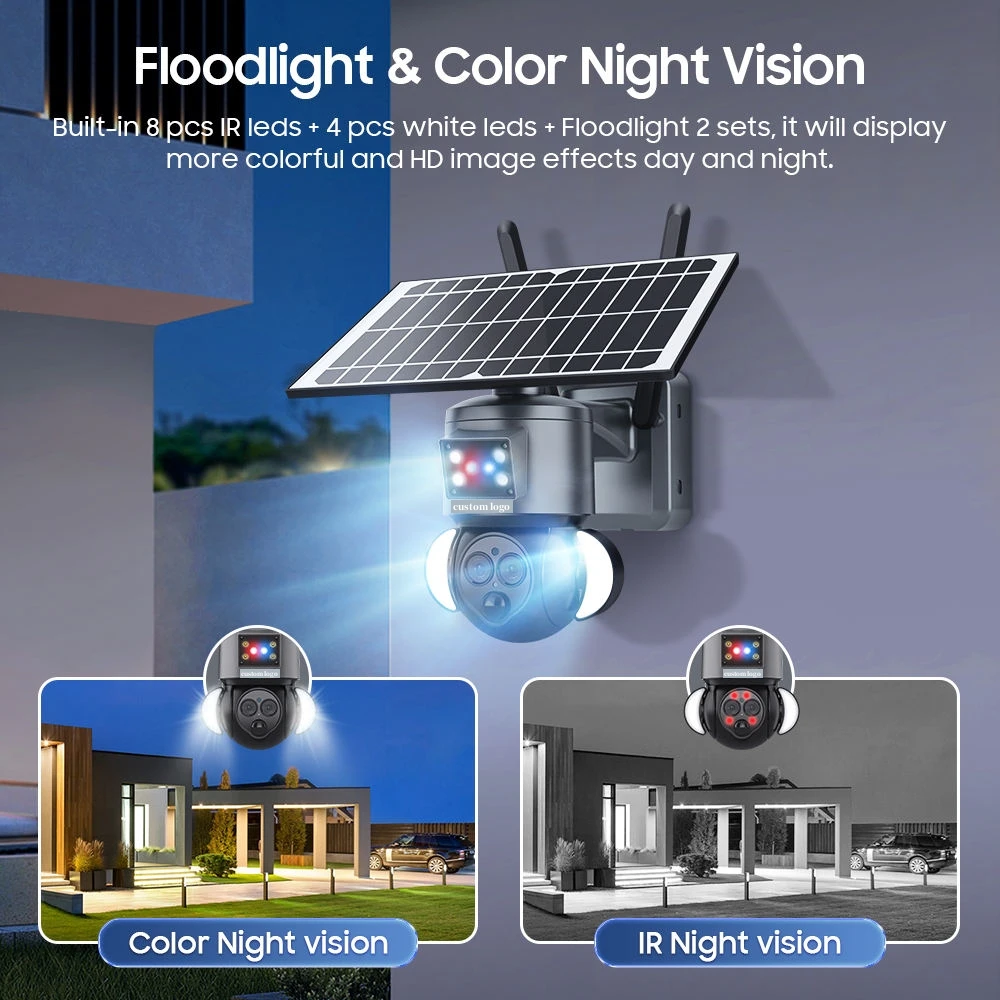 Custom Logo 6MP WiFi HD PIR Human Detection PTZ Security System Speed Dome 12X Zoom Wifi Outdoor Solar CCTV Camera