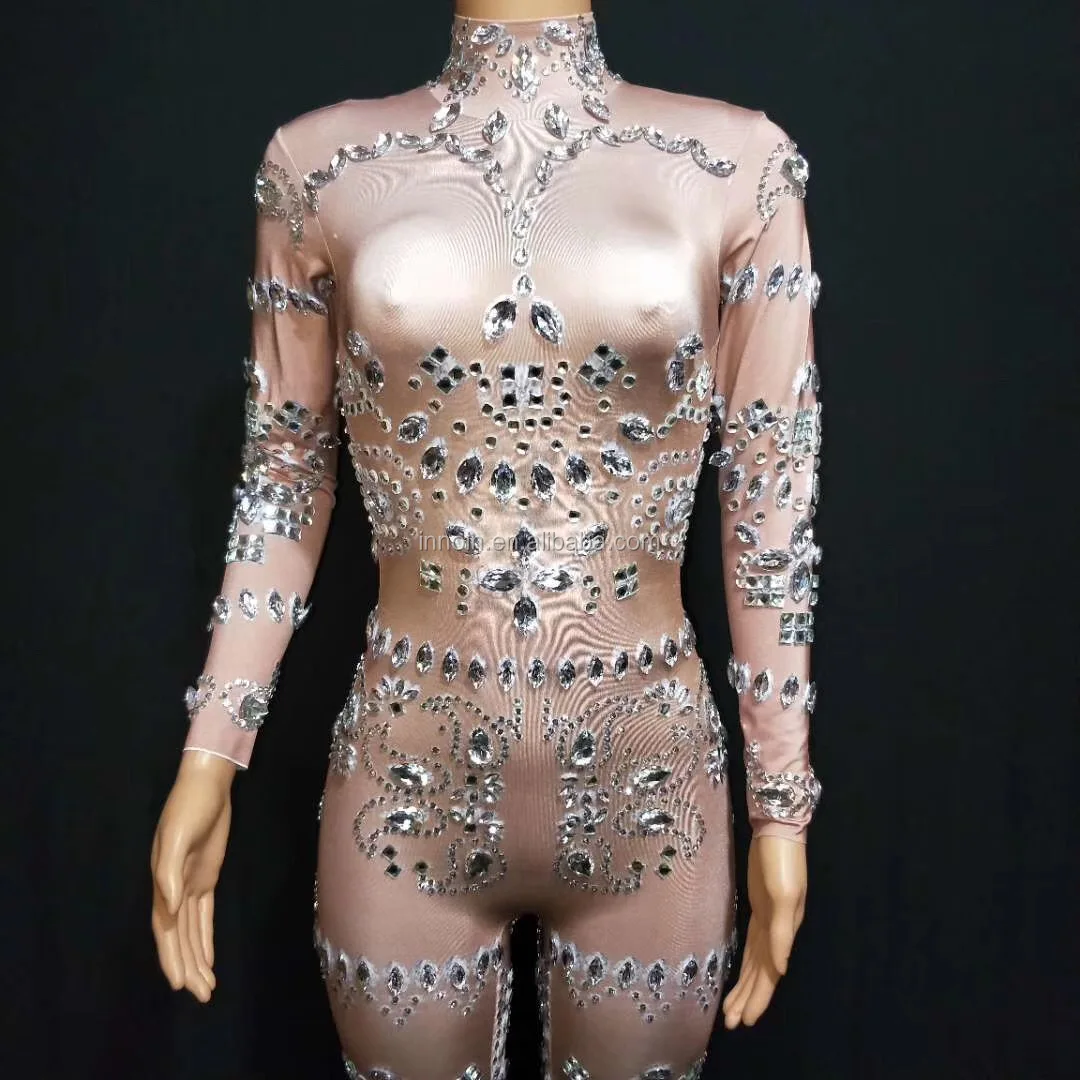 Women Ballroom Dance Costume Stretched Rhinestone Jumpsuit Crystal Siamese Drill Leotard Tights Disco Wear Outfit Singer DS