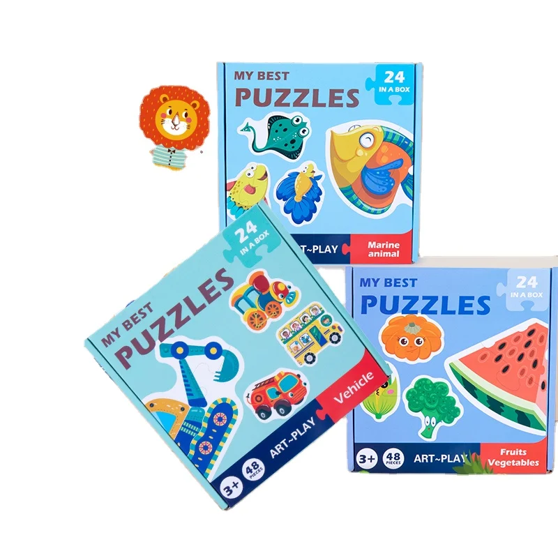 Funny Kids Wooden Cartoon Learning Cognitive Ocean/Animal/Traffic Fruit/Vegetable Matching Jigsaw Puzzle Set For Toddler