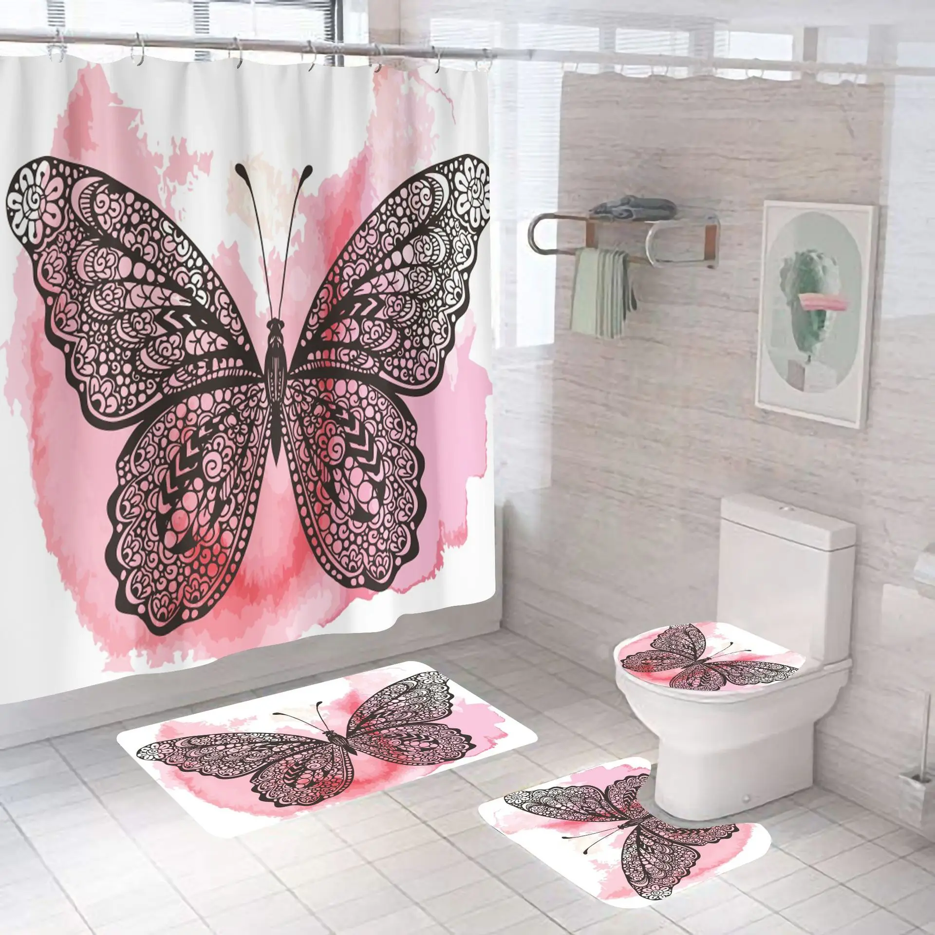 3D Butterfly Pattern Design Cheap Cartoon Bath Shower Curtains With Rugs Mats For Bathroom