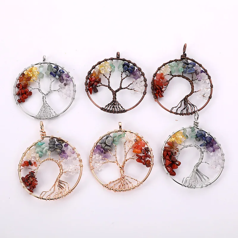 Antique Bronze Plated Wire Wrap Chip Tree Of Life 7 Chakras Crystal Stone Healing Crystals Pendant for necklace Amethyst