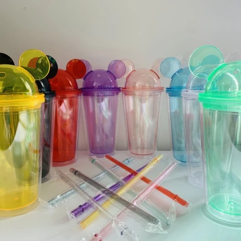 NEW Design Plastic Double Walled Tumbler Plastic Mickey Mouse Ear Tumbler with Lid and Straw