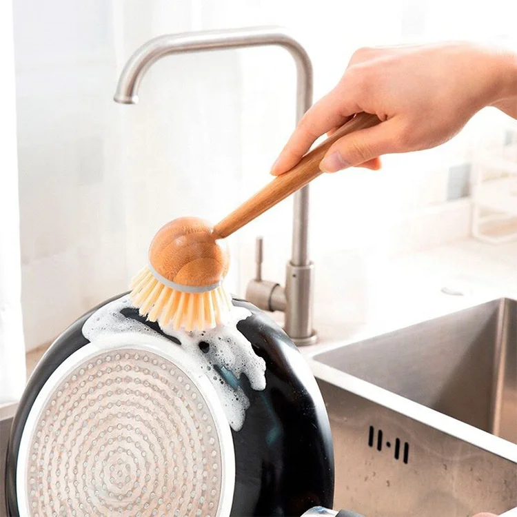 Kitchen Dish Cleaning Brush Bamboo Wooden Dishes Bowl Pan Pot Sisal Brushes with long handle
