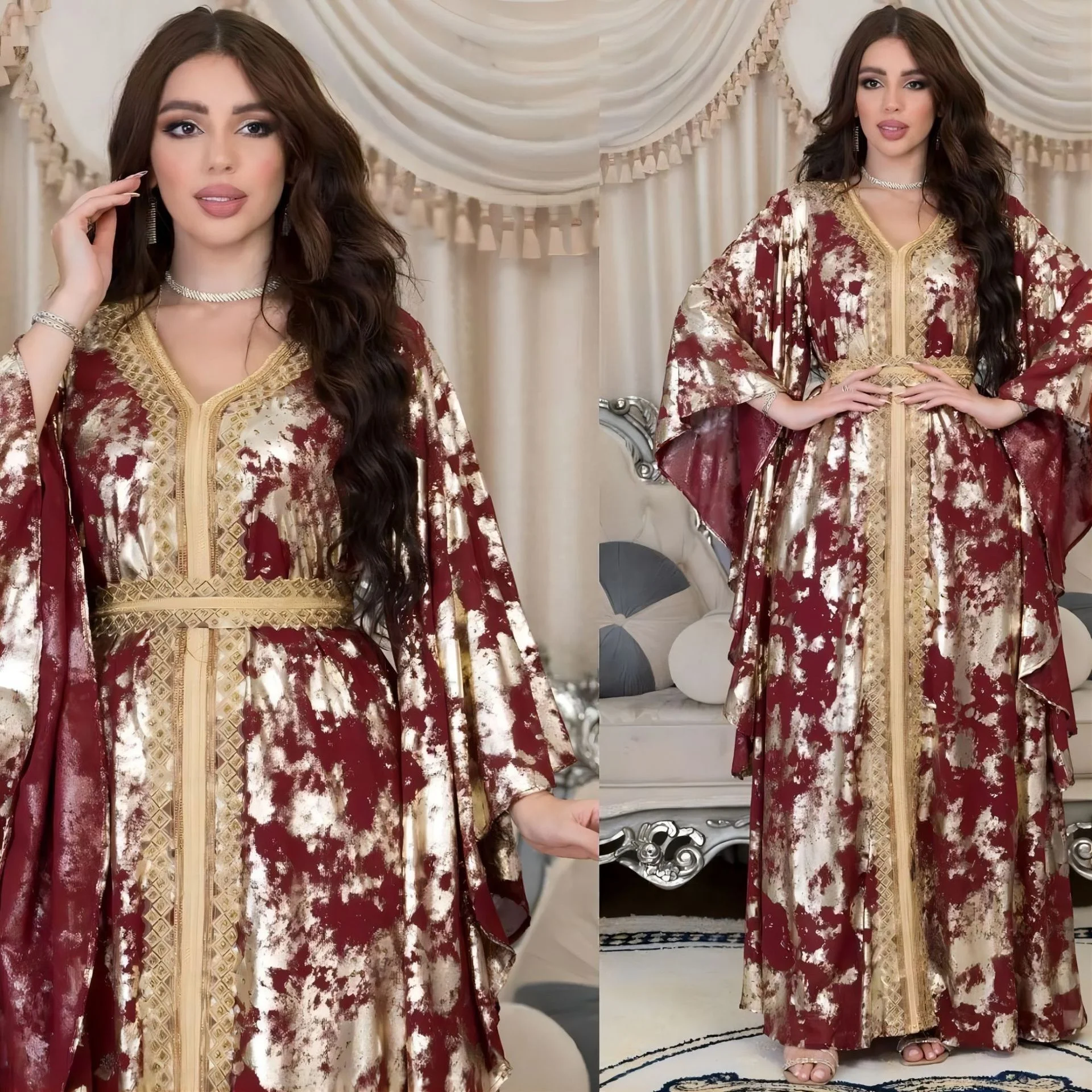 Wholesale 2 Color Middle East Gilding kaftan marocain Dubai Arab Morocco Caftan Women Muslim Dress