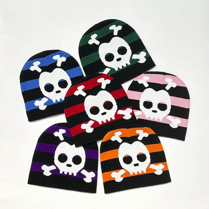 FF1770 Halloween Costume Funny Slouchy Skull Cap Jacquard Pirate Winter Knit Hat Skull Beanies Halloween Hat