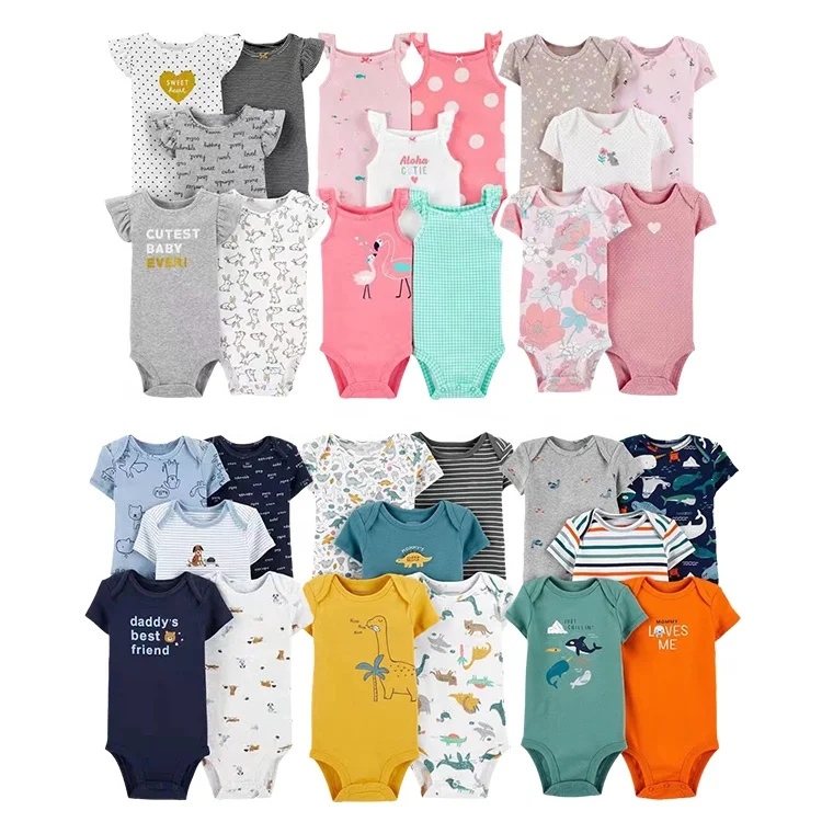 Hot sale Cartoon print boy girl cotton 5 pieces set Newborn bodysuit  Comfortable baby short sleeve romper