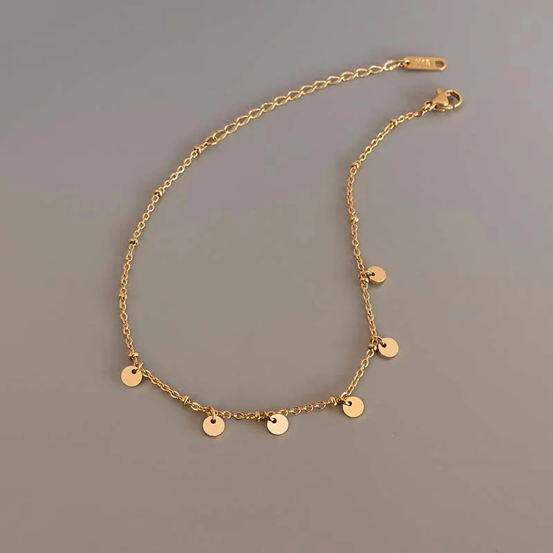 18k Gold Plated Stainless Steel Round Charm Anklets For Women Tarnish Free Foot Beach Jewelry