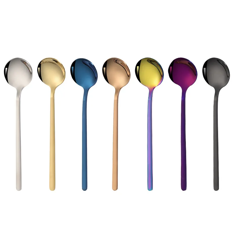 304 Creative Stainless Steel Small Round Spoon Korean Style Mixing Spoon Long Handle Tea Coffee Ice Cream Stirring Spoon