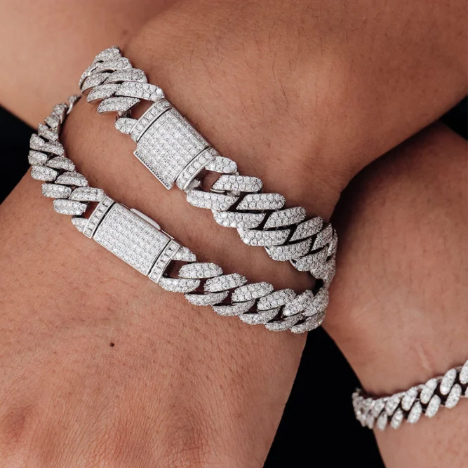 Hip Hop Silver Moissanite Cuban Link Bracelet 6mm 8mm Width Vvs Loose Diamond Iced Out Cuban Chain