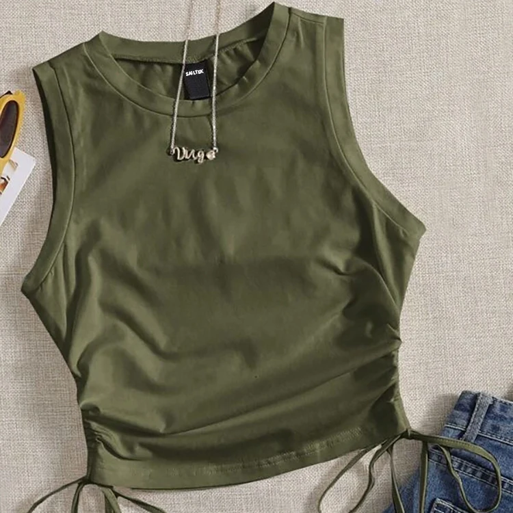Women Sleeveless Tank Tops Ribbed Drawstring Side Ruched Basic Crop Tank Top Ladies