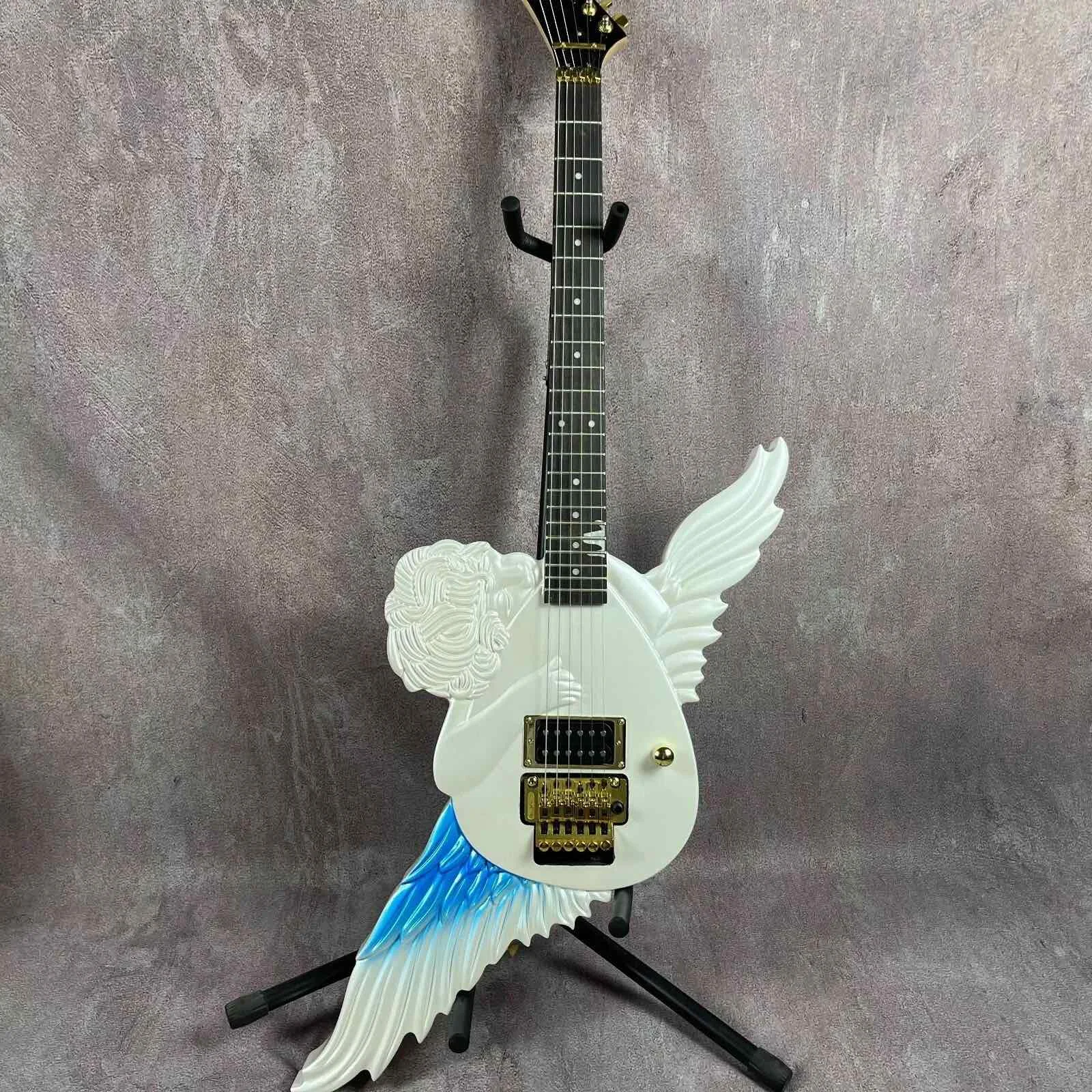 Custom One Pickup Solid Body White Angel Hand Carved Shape Electric Guitar