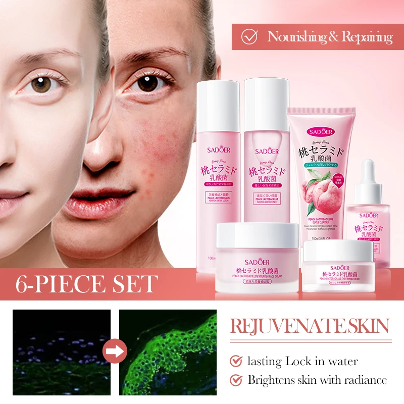 OEM SADOER Private Label Nicotinamide Beauty Cosmetic Products Peach Lactobacillus Nourishing Whiten Moisturizing Skin Care Set