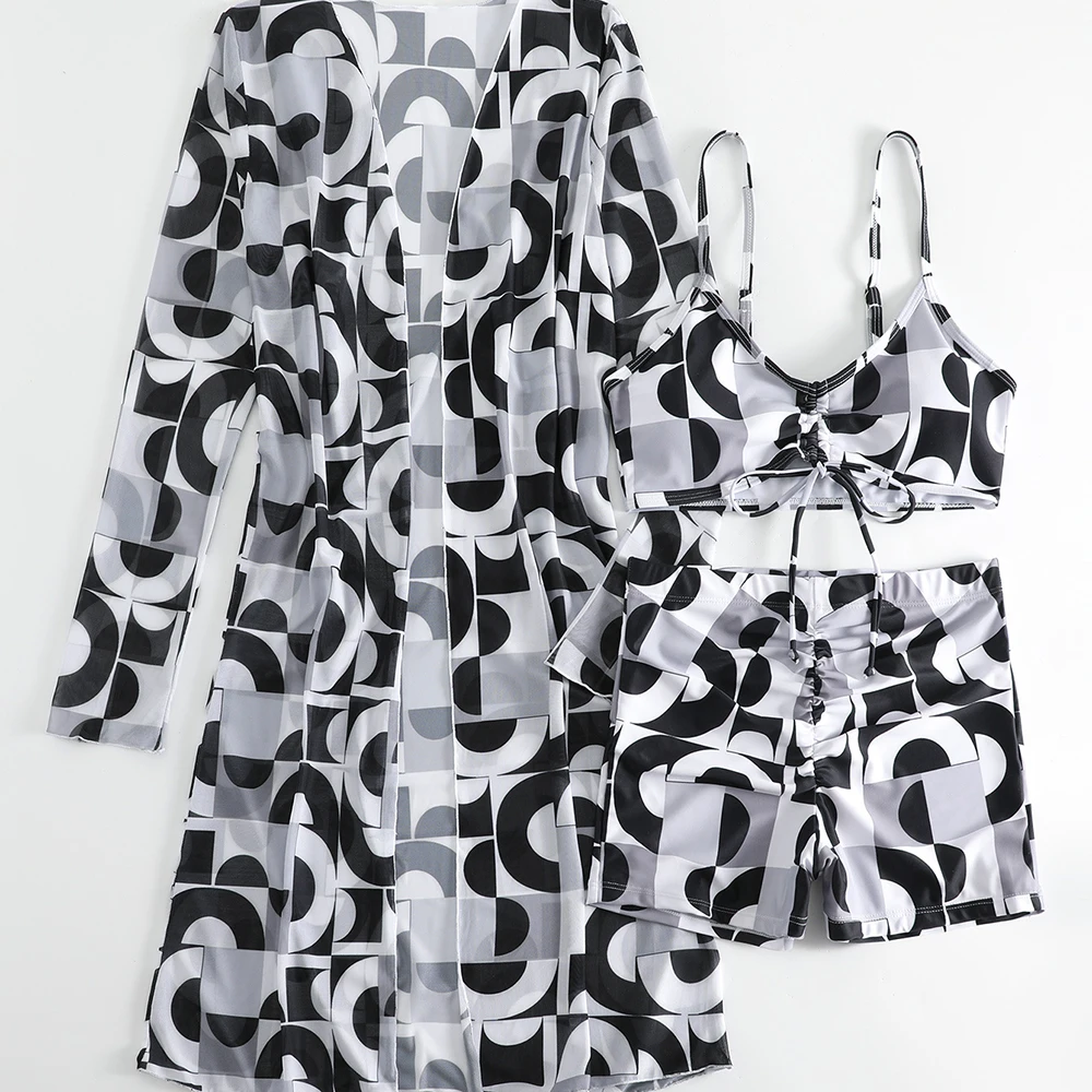 New arrivals Sexy 3 piece Bikini Set Long Sleeve Floral Print swimwear women 2022 sexy see-through bikini swimwear  for kids