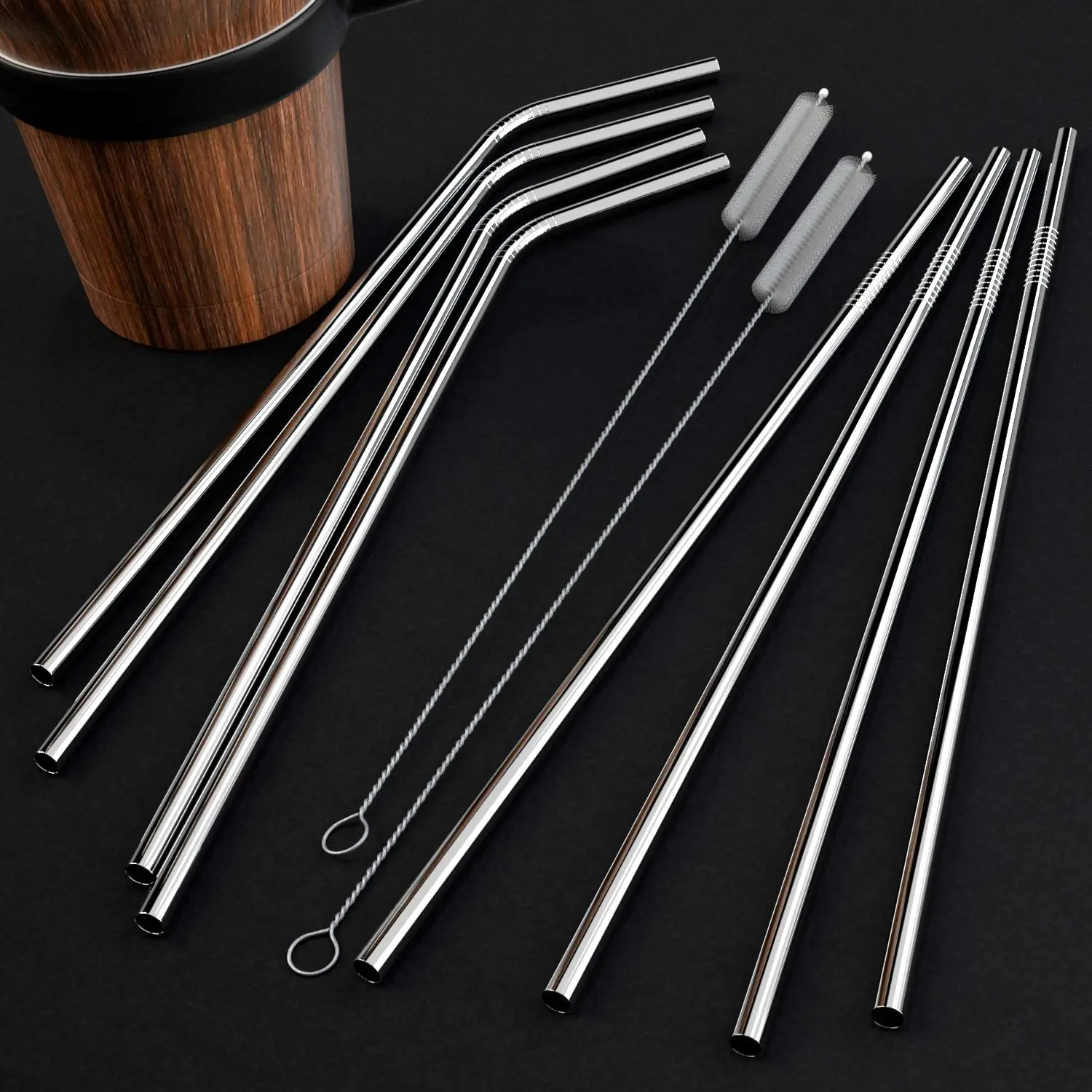 Rose Gold Rainbow 304 Stainless Steel Metal Drinking Reusable Straws Cleaning Brush Kit Box Case