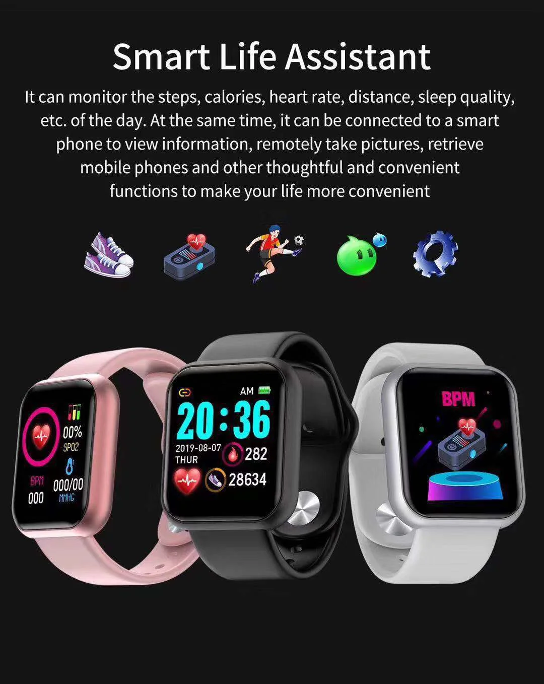 Vivistar D20s Смарт часы Macaron ремешок фиолетовый желтый температура тела поддержка настроить логотип