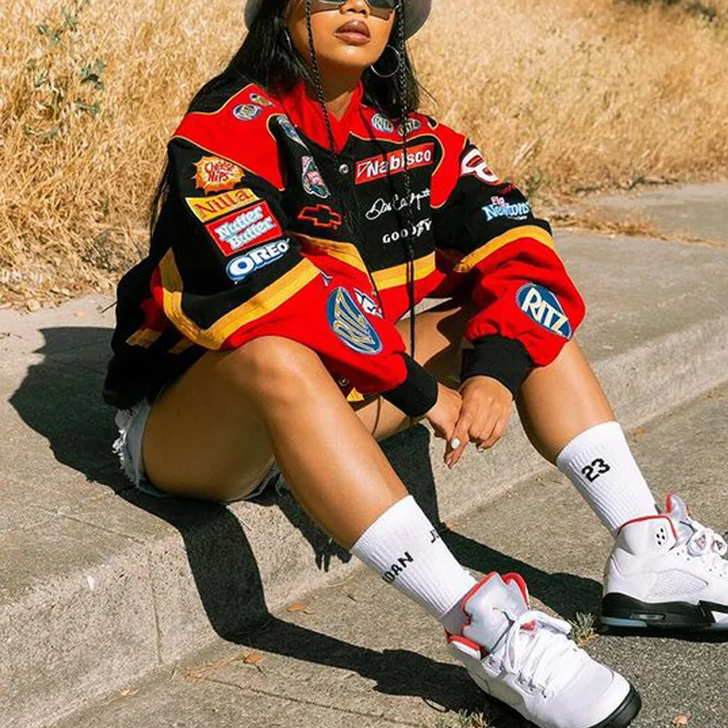Women Casual Street Style Clothing Letter Printing Baseball Bomber Varsity Coat Unisex Windbreaker Red Bull F1Street Wear Jacket