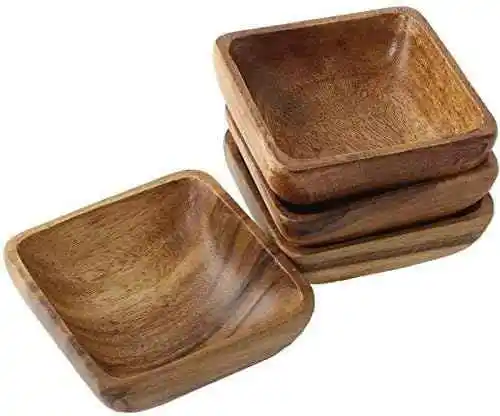 Acacia Wooden Bowls Hand-Carved Calabash Dip Tray Bowl S/4 Ideal for Appetizers, Dips, Sauce, Nuts, Candy, Olives, Seeds