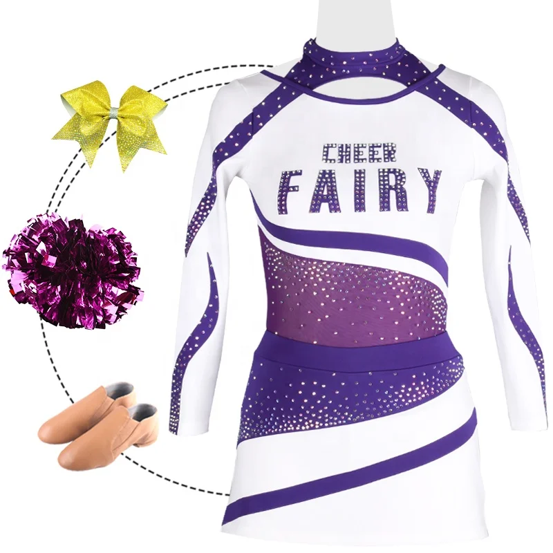 Wholesale White And Purple Kids Cheer Team Wear Customized Long Sleeve Spandex primary school Cheerleading Uniform All Star