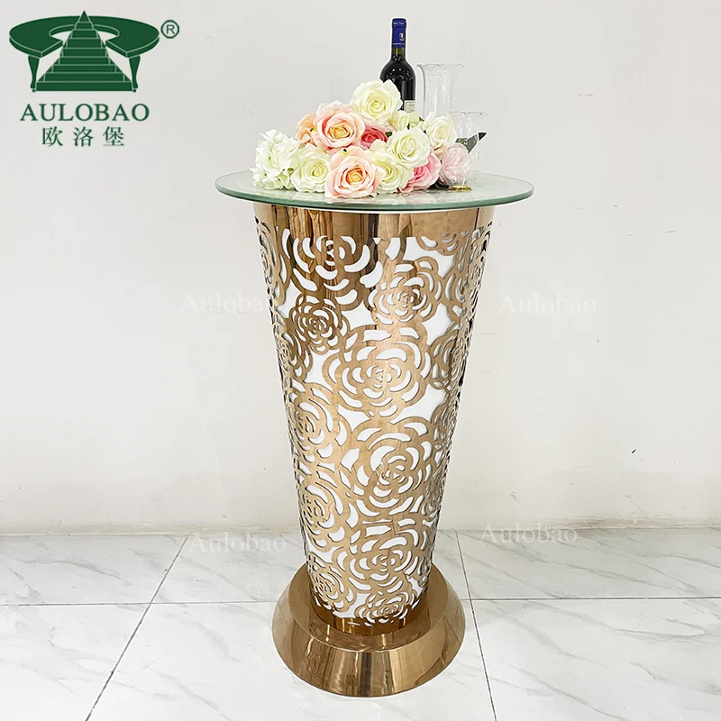 Rechargeable golden stainless steel round led light up bar table