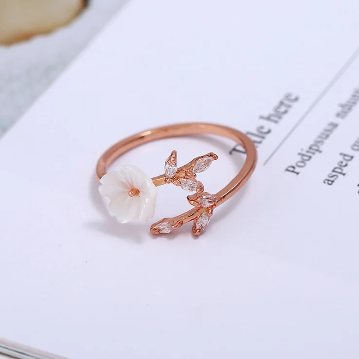 Ladies Rose Gold Color Bague Fleur Delicate Zircon Crystal Shell Flower Leaf Rings For Women Girls