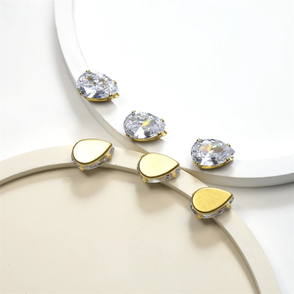 Hot Sale Drop Shape Sewn Crystal Rhinestone Zircon Plated Golde Copper Base Garment Accessories
