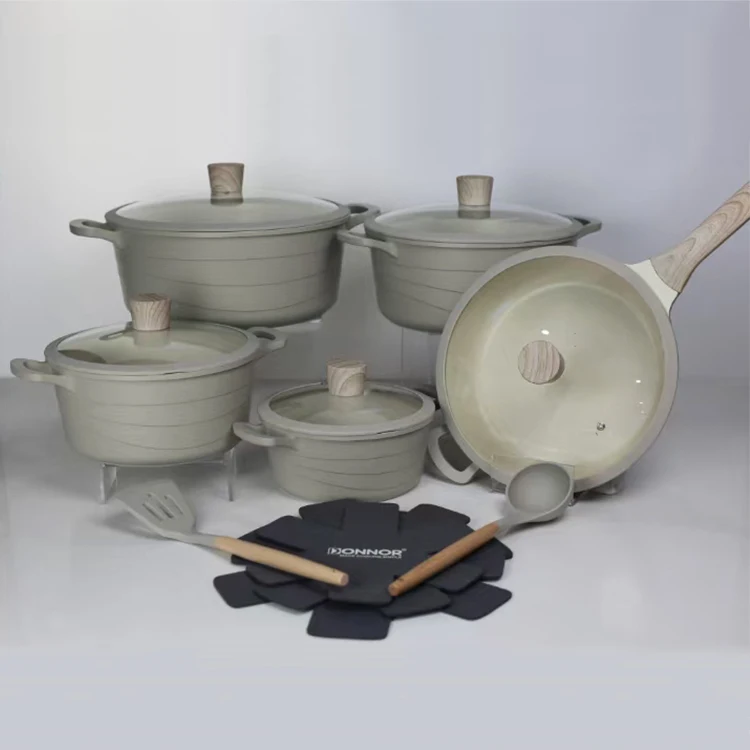 Modern 15Pieces None Stick Cooking Pot Set Kitchen Wear White Black Grey Granite Nonstick Aluminum Cookware Set