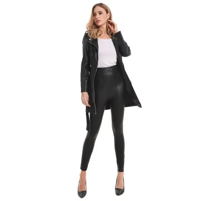 Sidiou Group Womens Long Winter Leather Coat Windbreaker Slim Fit Jacket With Belt Pu Biker Jacket