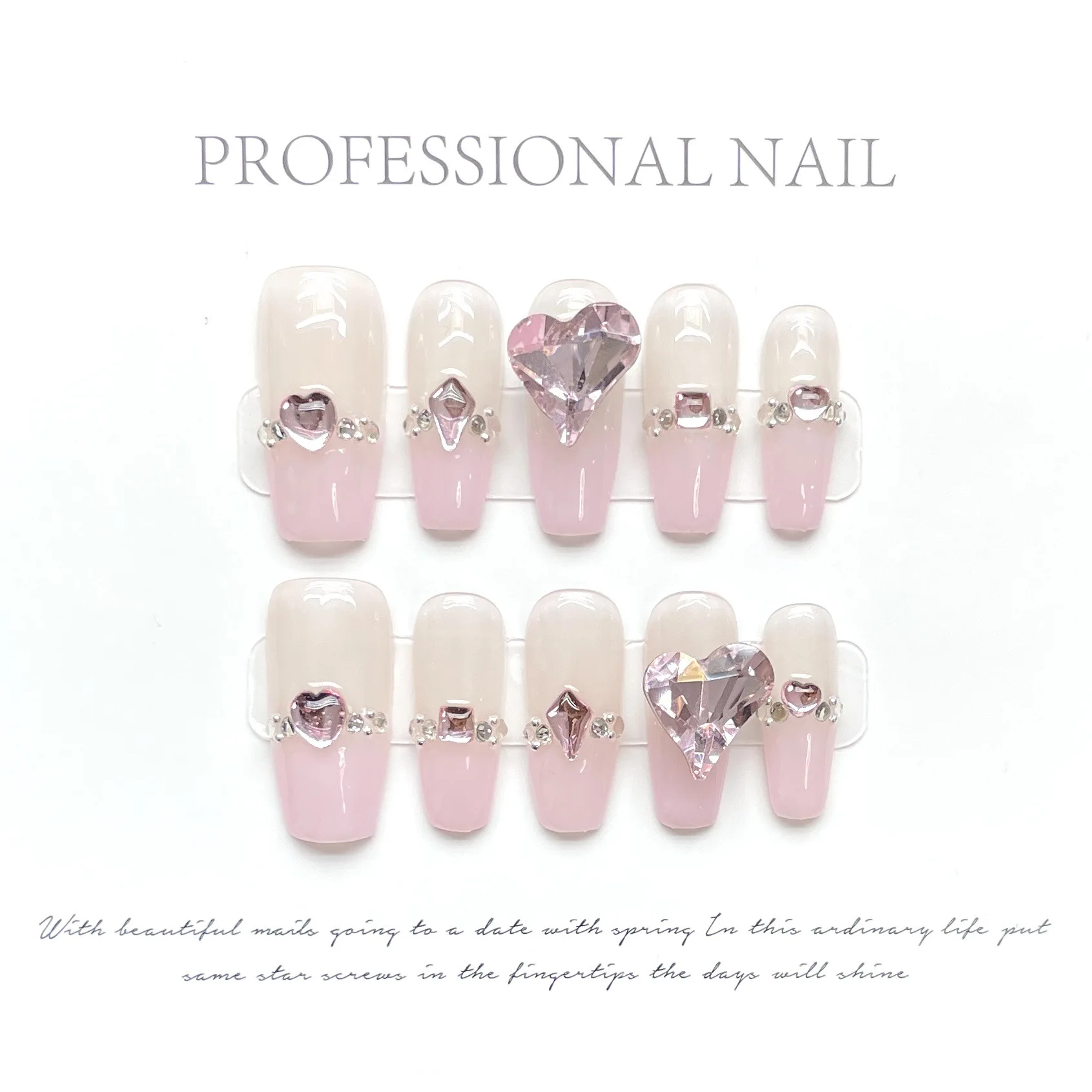 Wholesale Custom Luxury Bling Stones Handmade Press On Nails Medium Coffin Heart Pearl French Tip Nails Manicure Acrylic Nails
