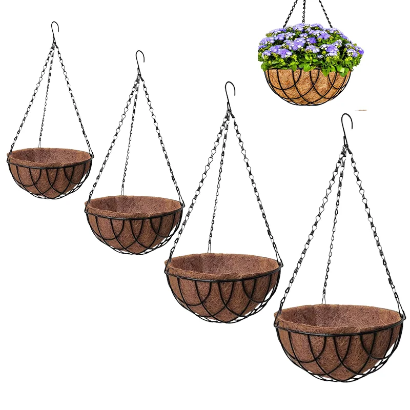 Hanging Planter Basket Outdoor Large Hanging Flower Pots Metal Hanging Planter Baskets with Coco Coir Liner