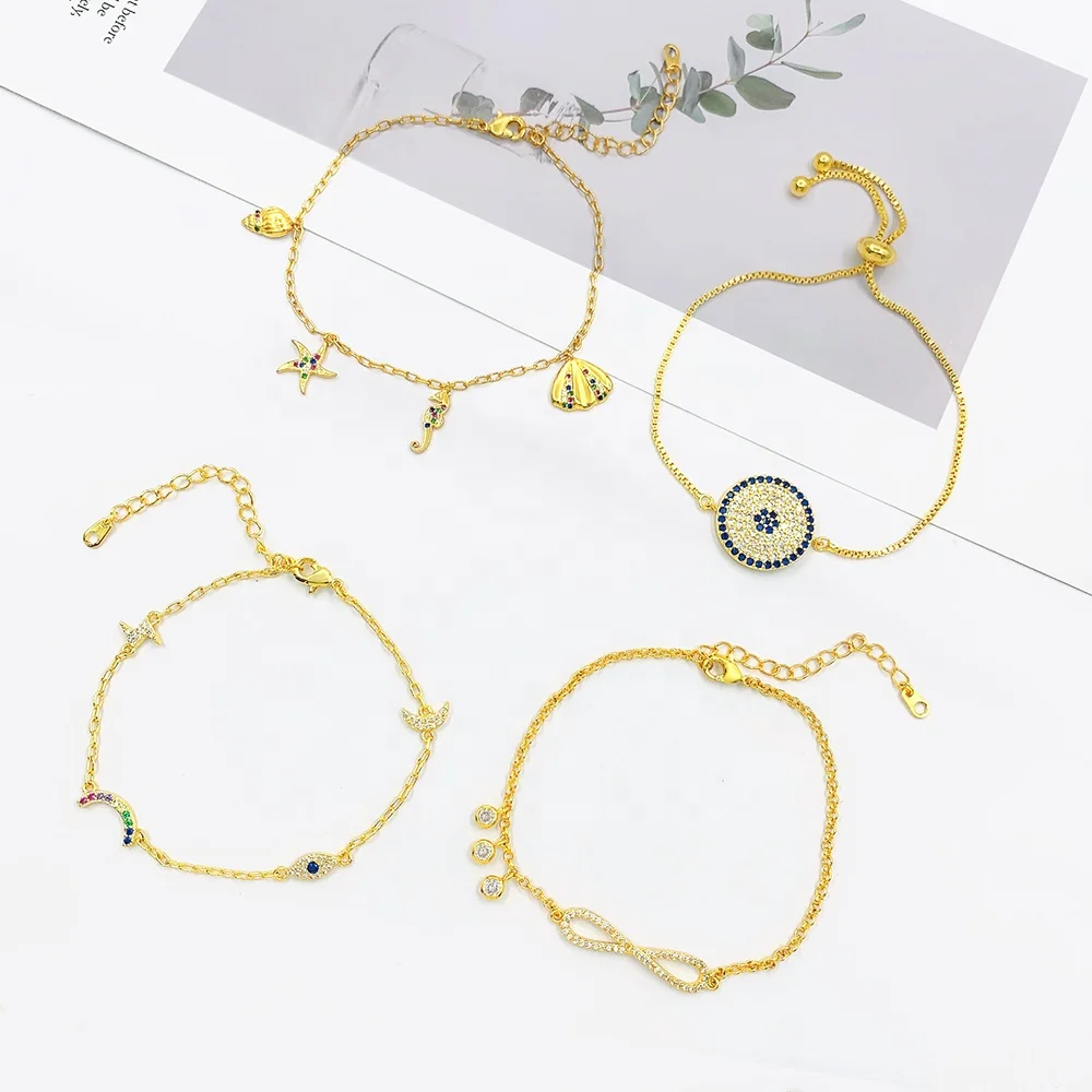 Wholesale Turkish gold plated bracelet iced out diamond Cross shell conch star flash eye Charms bracelet