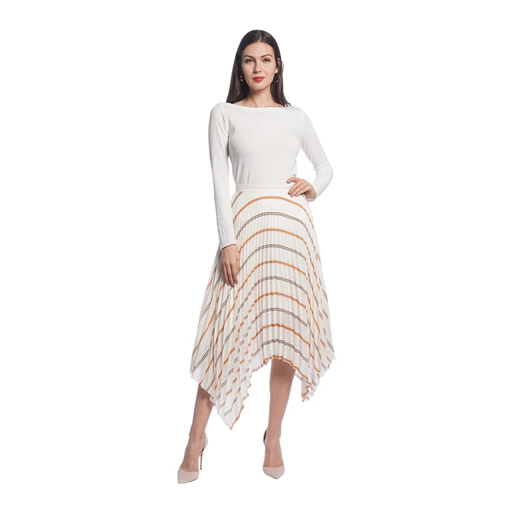 
Stripe print chiffon irregular hemline all over pleat pleat structure creats wave effect women fashion classy skirts summer set 