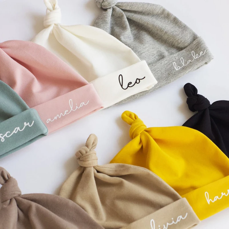 Cheap Newborn Baby Hospital Knotted Beanie Gift Soft Cotton Fabric Custom Print Kids Name Baby Hats